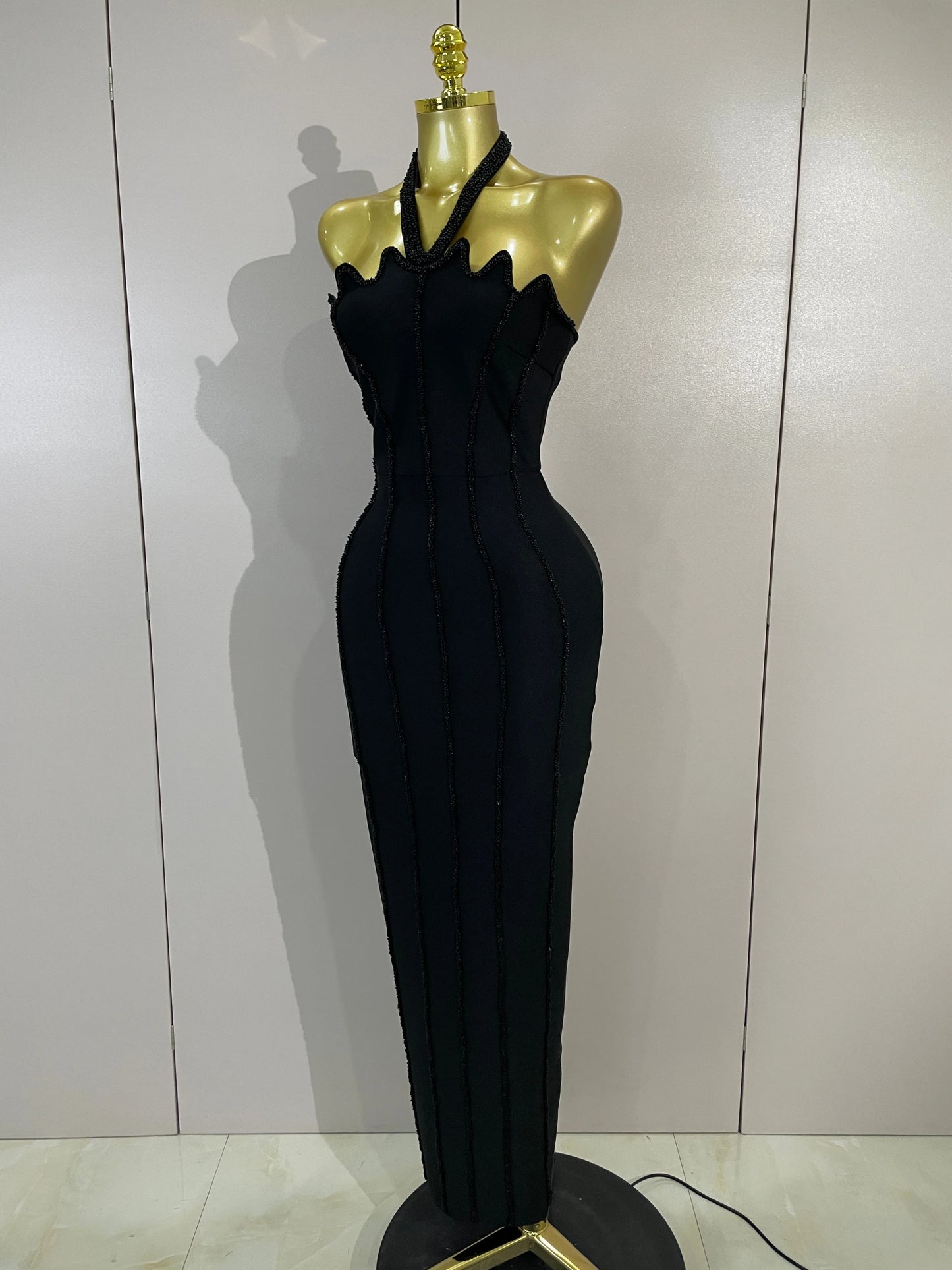 Sexy Beaded Scalloped Halter Black Bodycon Long Bandage Dress Women Elegant Birthday Wedding Guest Celebrate Evening Club Gown
