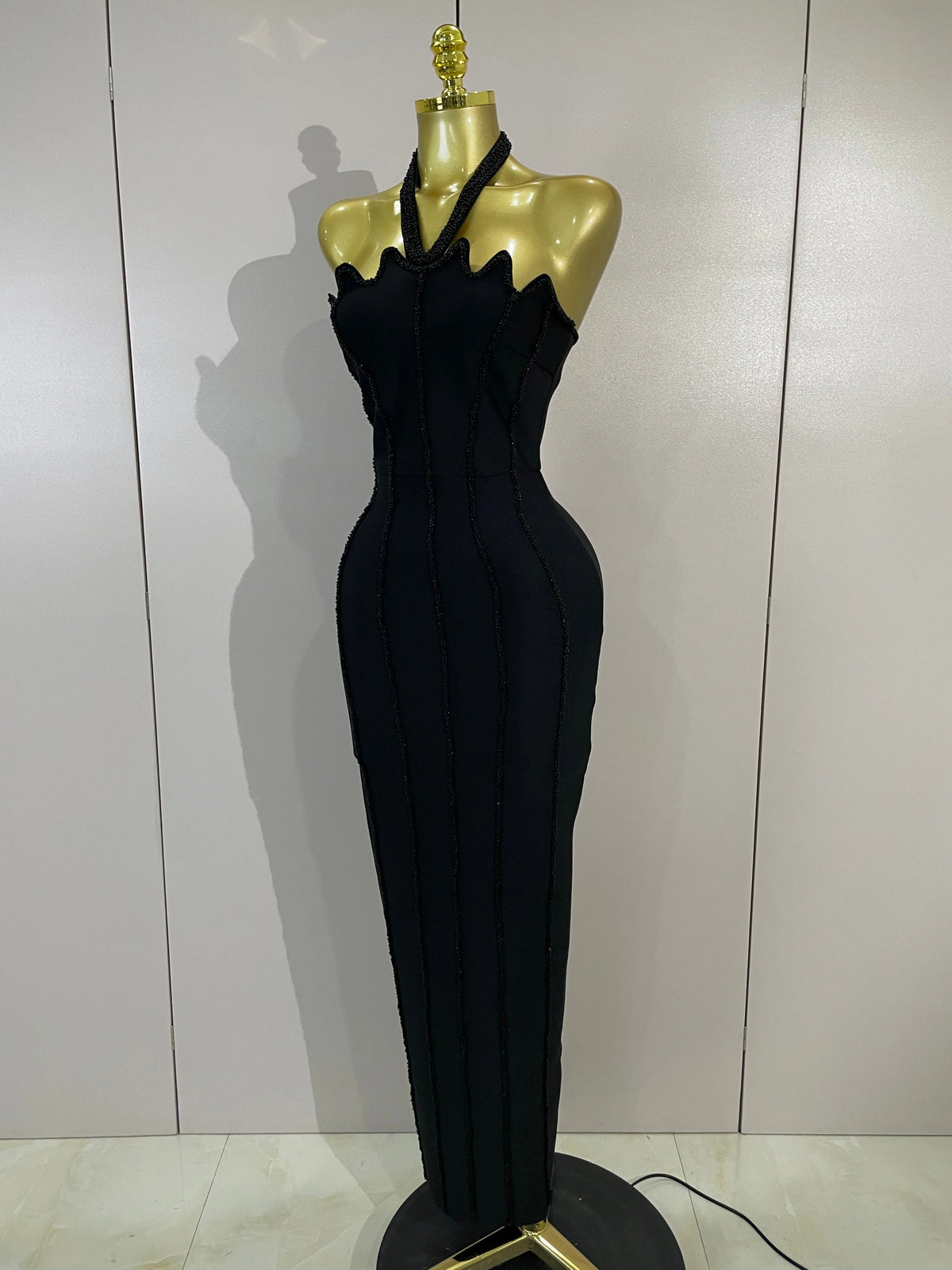 Sexy Beaded Scalloped Halter Black Bodycon Long Bandage Dress Women Elegant Birthday Wedding Guest Celebrate Evening Club Gown