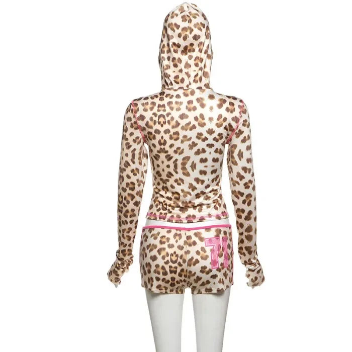 Sexy Shorts Set for Woman Crop Top Slim Fit Hooded Leopard Print Top and High Waisted and Half Pants Suit 2025 Spring/summer New