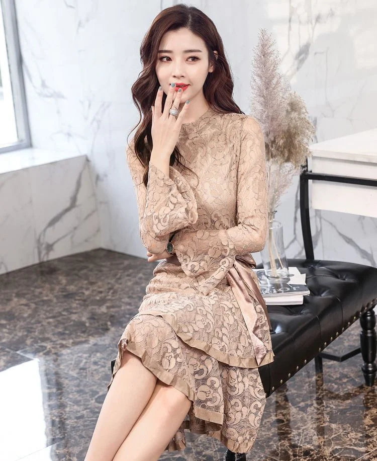 Midi Party Tight Women's Long Sleeve Lace Dresses Bodycon Prom Female Dress Corset Black Evening Elegant and Pretty Kpop Elastic