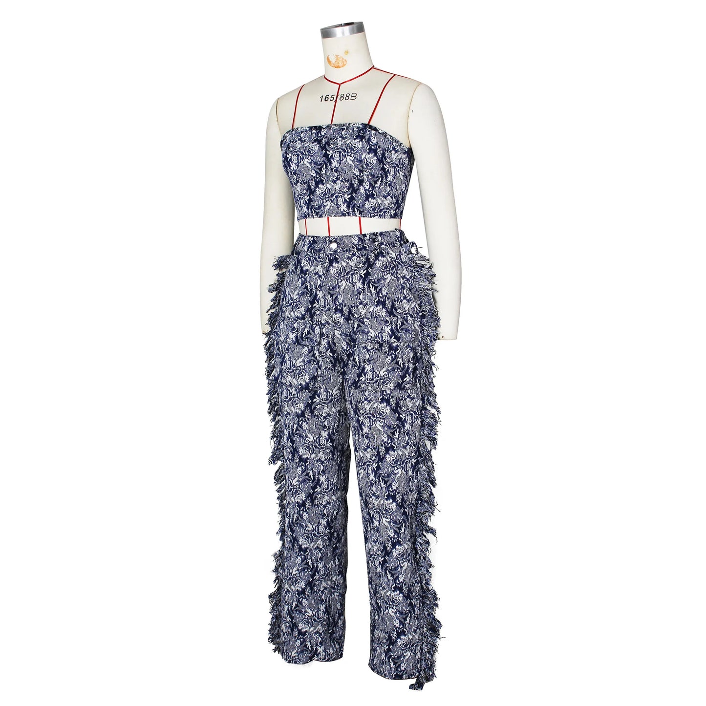 Floral Print Strapless Knitted Two Piece Cargo Pants Set for Women