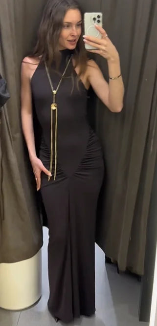 Elegant Metal Chain Pleated Dress Women Sleeveless Off Shoulder Patchwork Slim Long Dresses 2025 New Lady Evening Party Vestidos