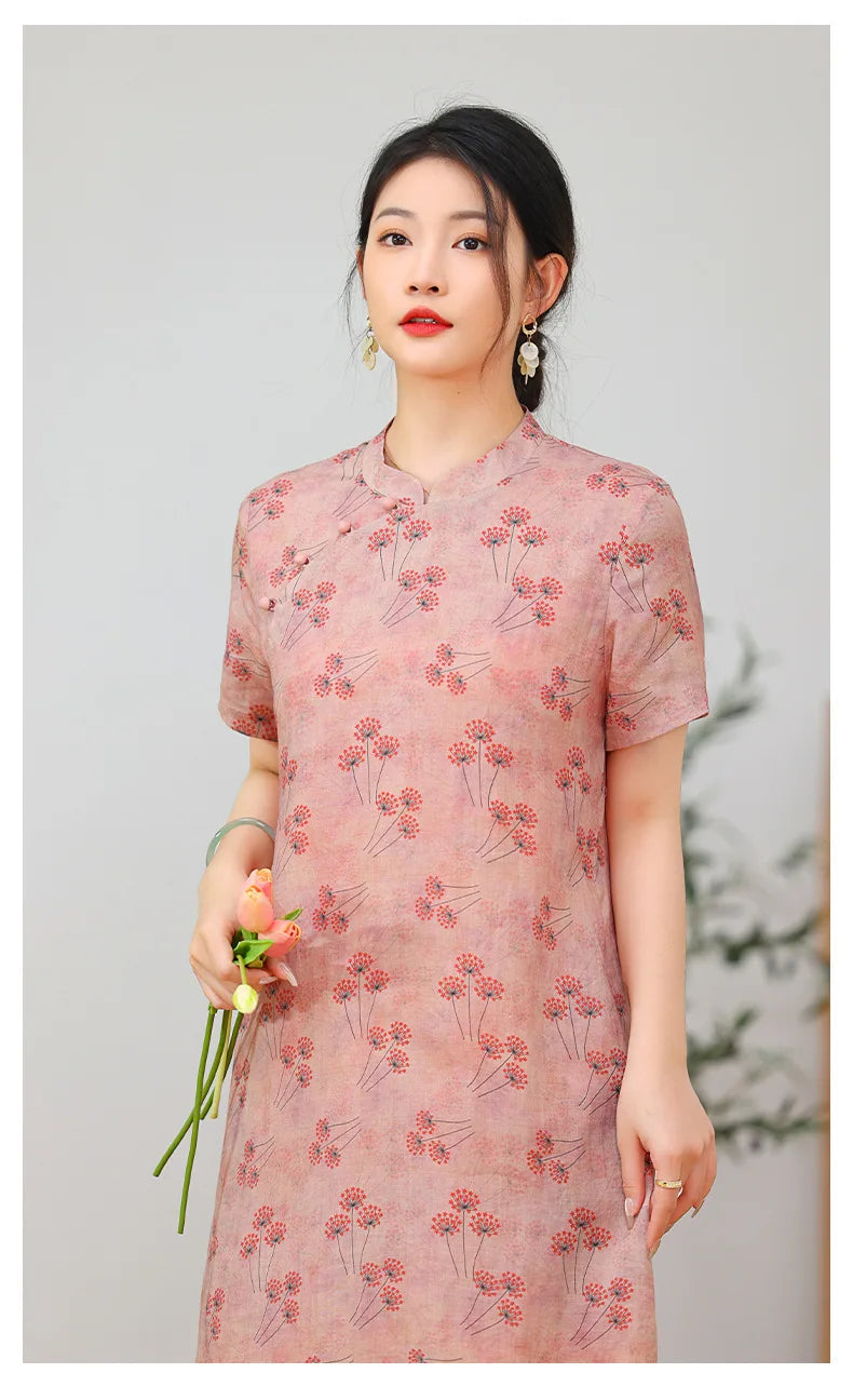 Elegant Floral Vintage Ramie Cheongsam Dress for Women