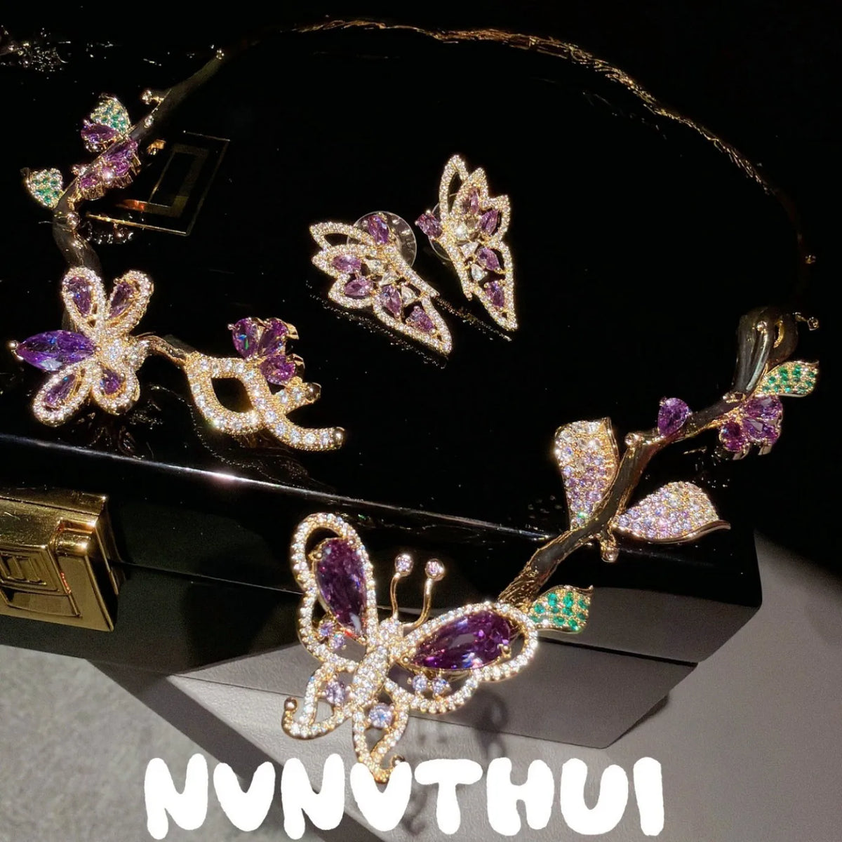 Purple Butterfly Zircon Necklace and Earring Set for Women
