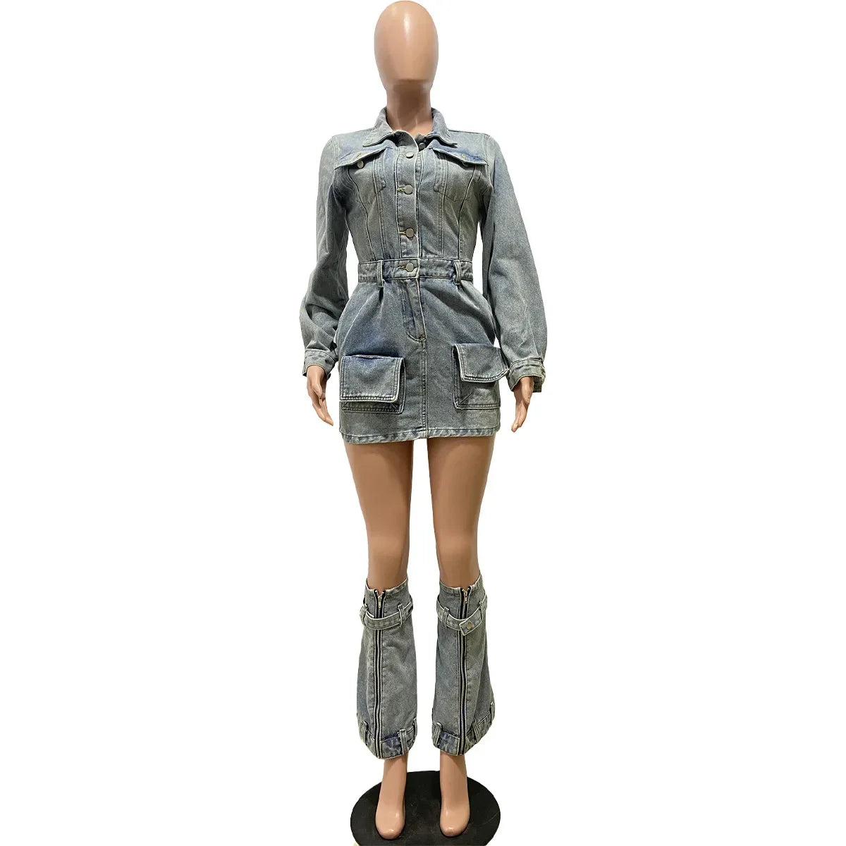 Trendy Chic Lapel Button Denim Three Piece Set for Women