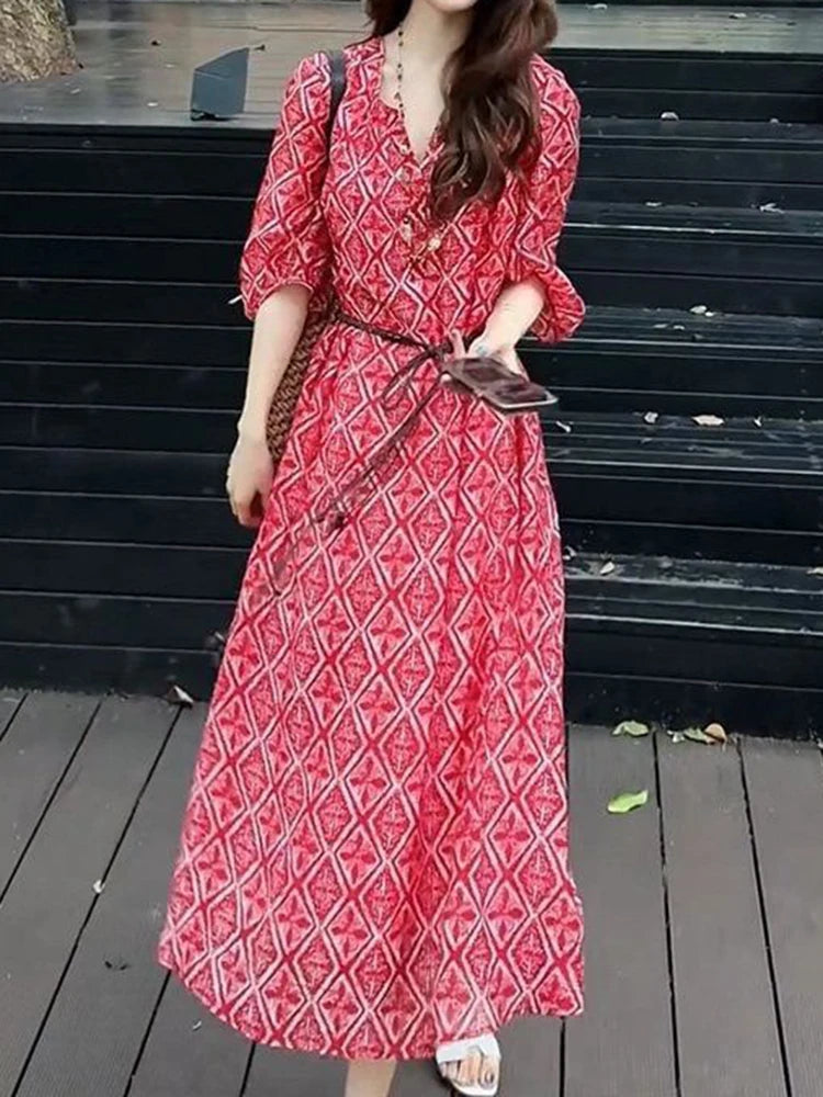 Loose Fit Vacation Style Floral Midi Dress for Women