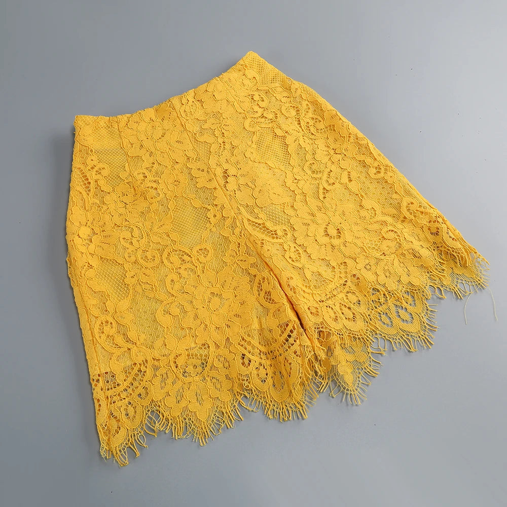 Women's Casual Chic Hollow Out Luxury High-Quality Lace Long Sleeve Suit Jacket High Waist Shorts Three Pieces Set Evening Party