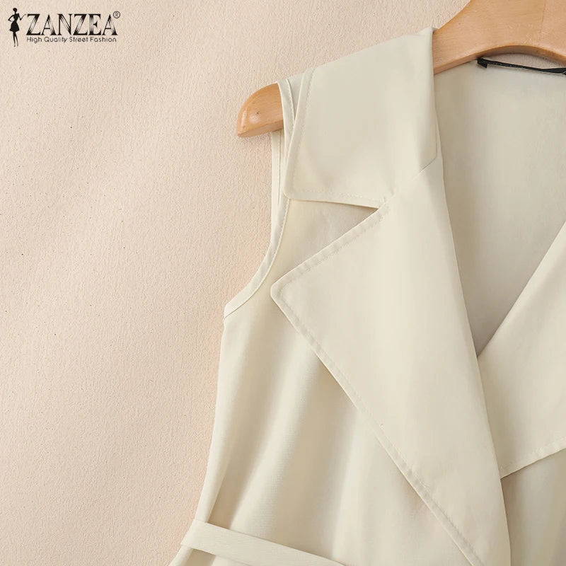 ZANZEA Elegant Women Sleeveless Blazer Fashion Lapel Neck Sashes Vest Tops 2025 Summer Lightweight Office Wear Commuting Tops