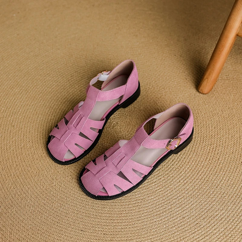 Retro Cowsuede Buckle Strap Closed Toe Sandals for Women