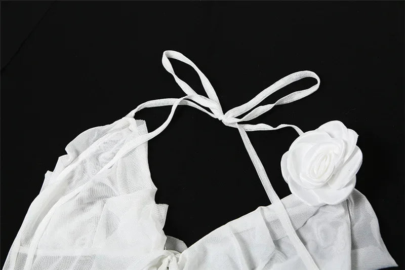 Y2K Sheer Mesh Spaghetti Strap Camisole Top White Ruffle Fringe Halter Tops Coquette Fairy Core Clothes 2024 Fashion