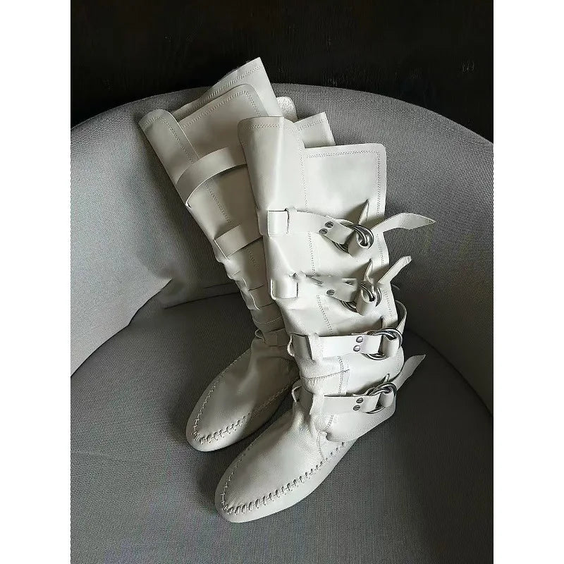 Flat Bottom Real Leather Mid Calf Boots With Metal Buckle For Women