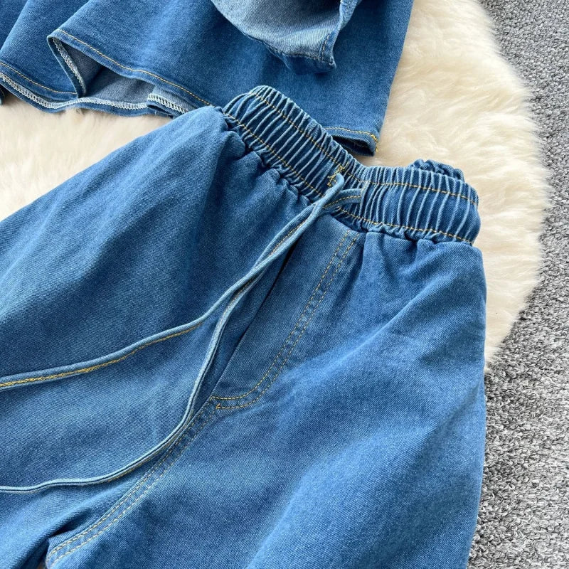 Vintage Long Sleeve Denim Shirt And Jeans Set for Women
