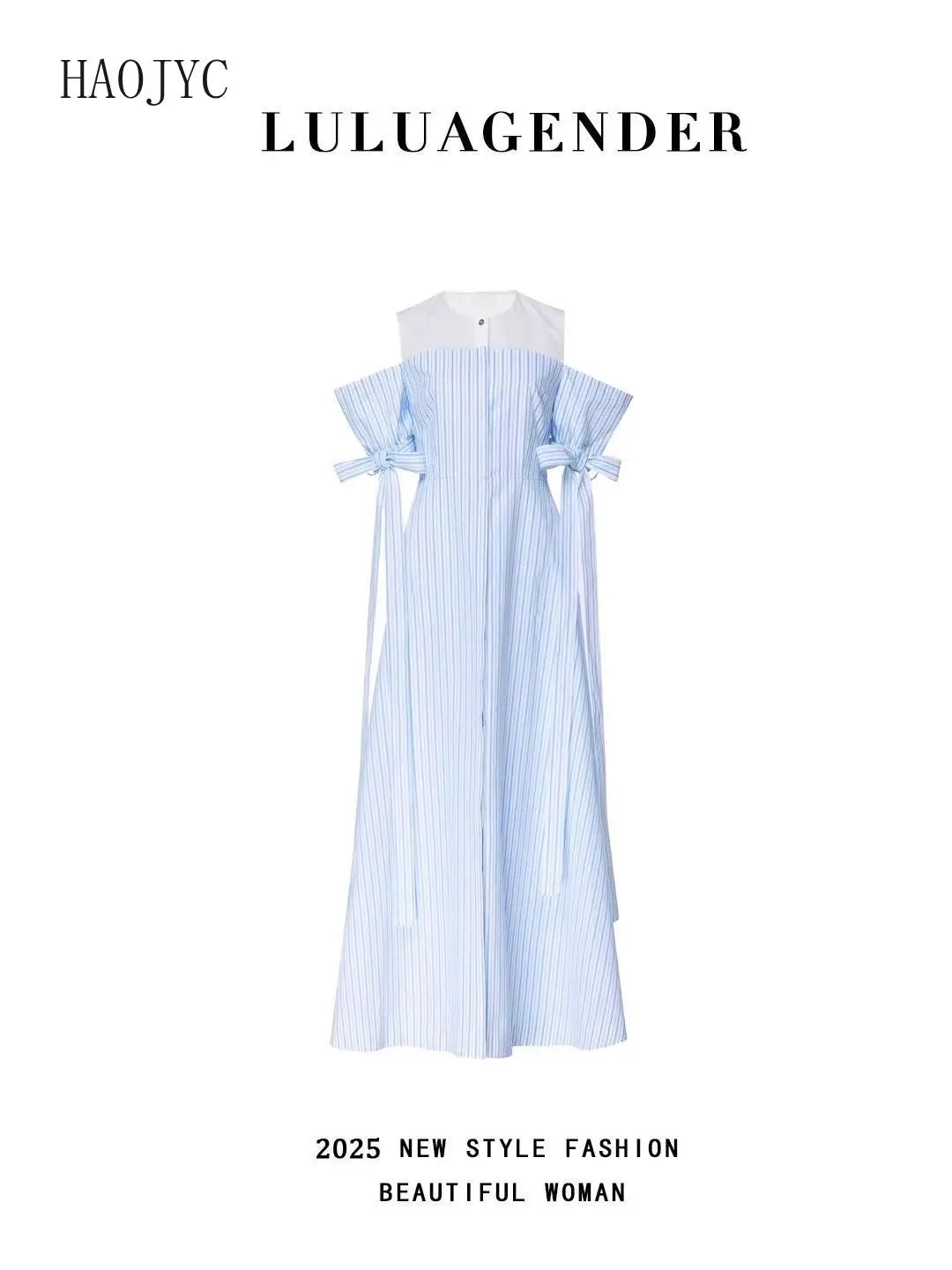 Pinched Waist Striped Split Shoulder Midi Dress for Women
