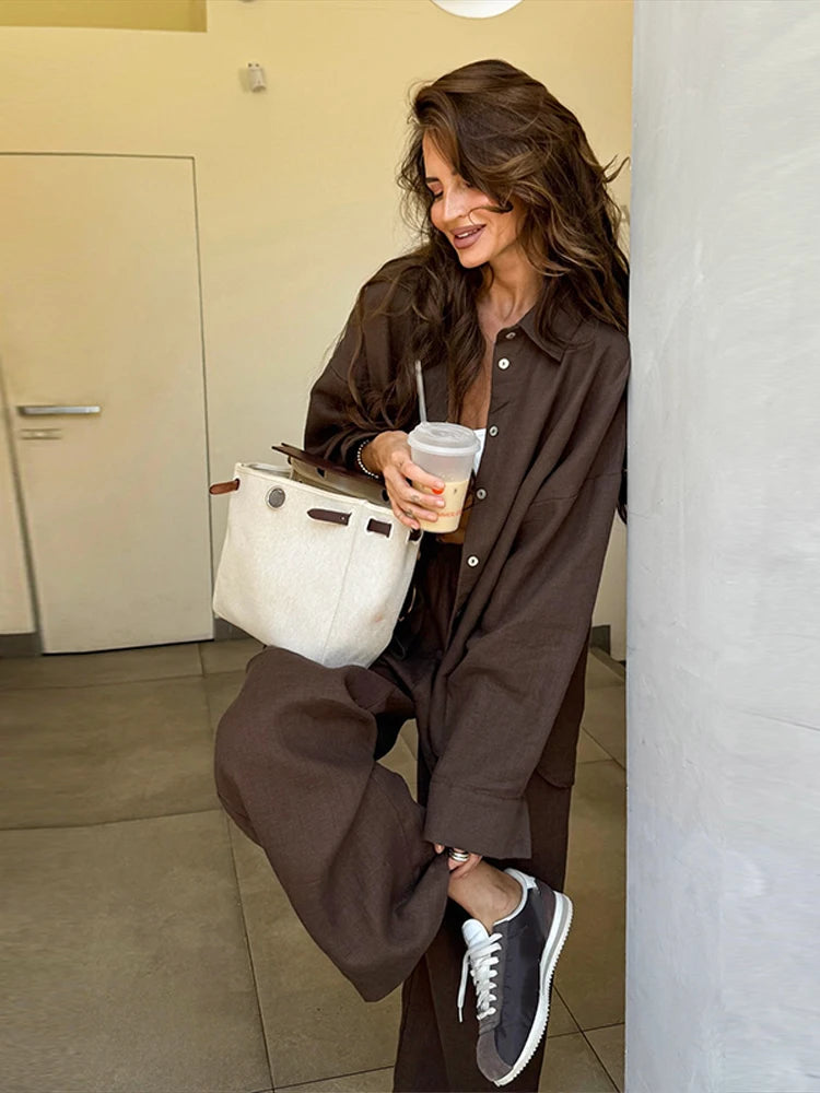 Casual Solid + Shirt and Wide Leg Pants Set + for Women