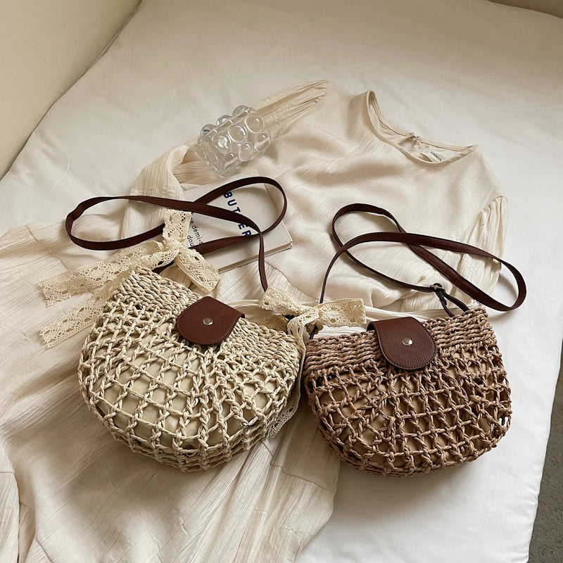 Straw Knitted Shoulder Bag With Bowknot Handmade for Women