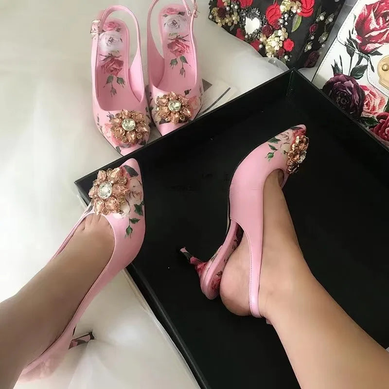 Elegant Pink Floral Rhinestone Slingback Wedding High Heels Pumps for Women