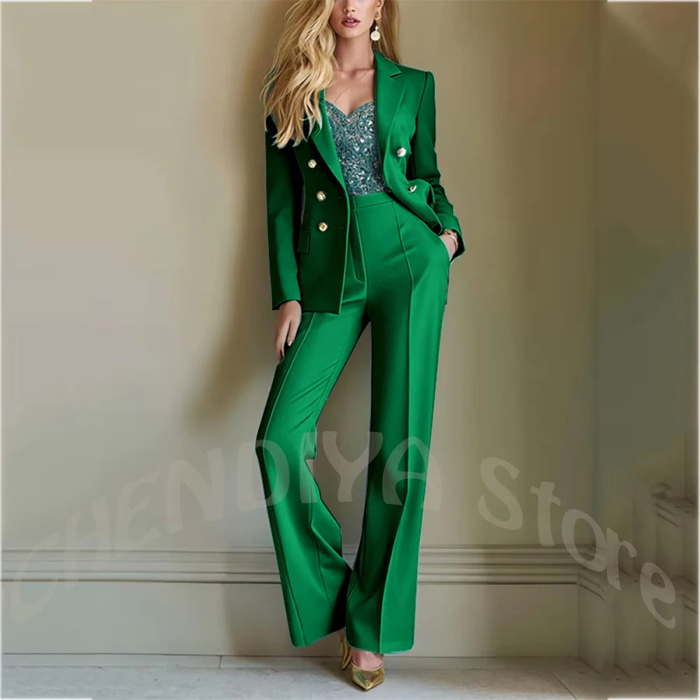 Solid Color Suit For Women High Quality Double Breasted Two Piece Notch Lapel Slim Fit Elegant Fashion Female Outfit Jacket Pant