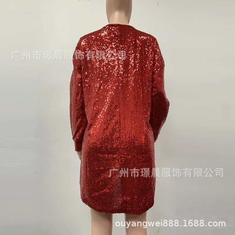 Chic Solid Color Sequin Long Sleeve Mini Dress for Women