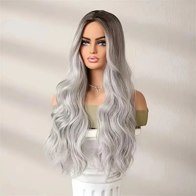 Gradient Black To Gray Long Body Wave Synthetic Wig For Women