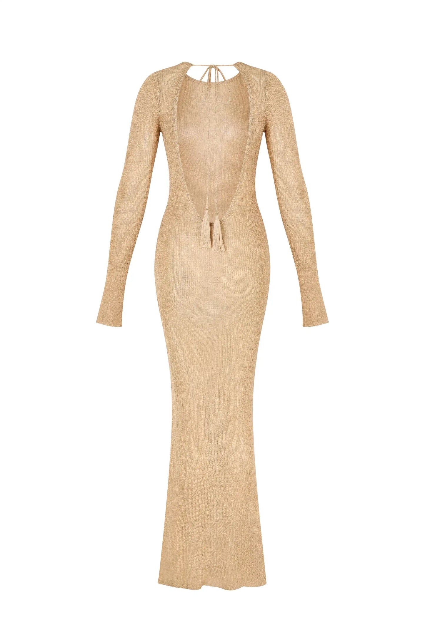 Sexy Knit Beach Swimsuit Cover Up 2025 Women Summer See-through Slim Backless Tassel Tie-up Long Sleeve Slit Gorgeous Dress K65