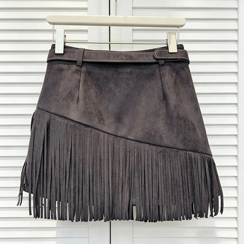 Vintage Brown Irregular Hem Faux Suede High Waist Mini Skirt For Women