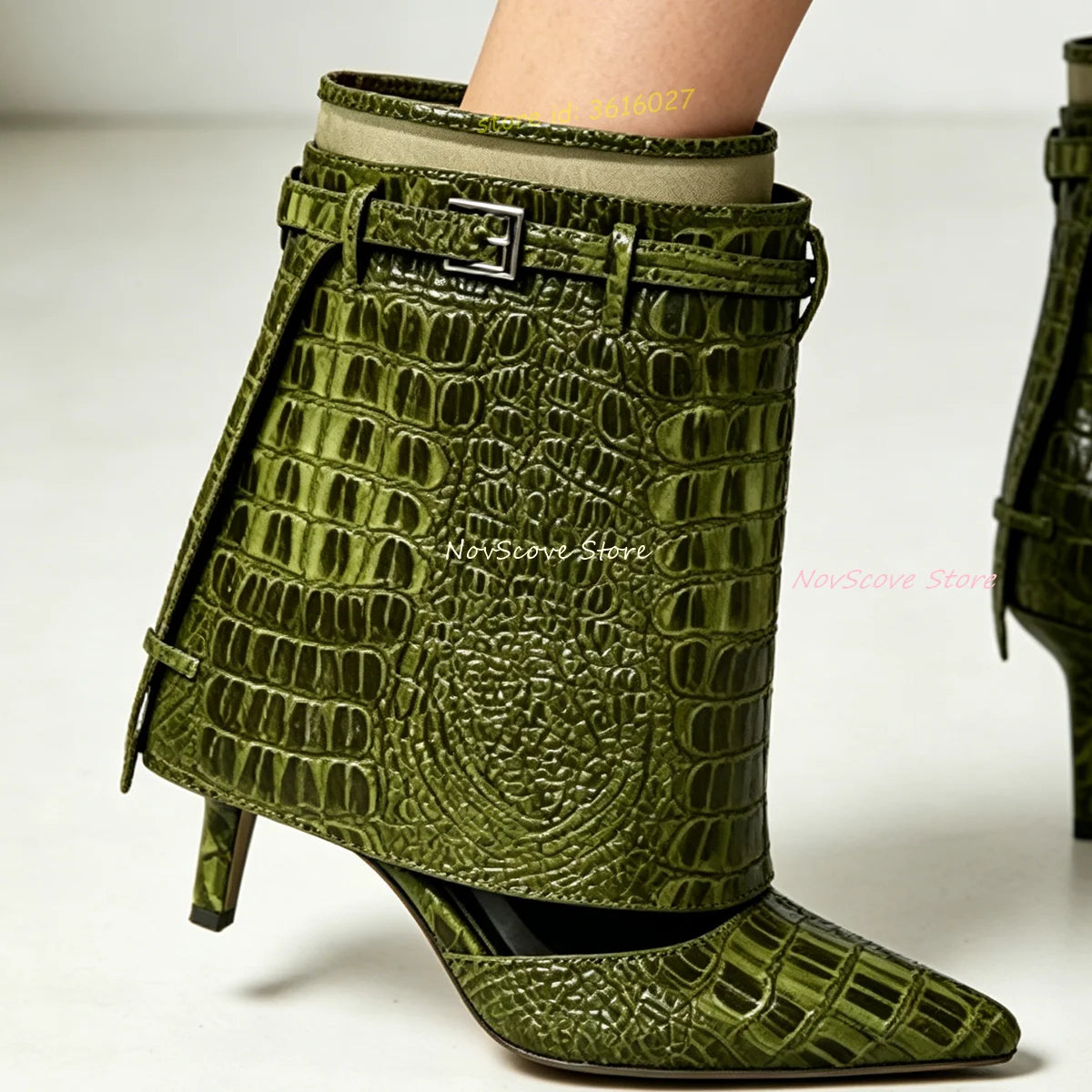 Green Croc Print Leather Fold Mid-Calf Boots With Stiletto Heel For Women