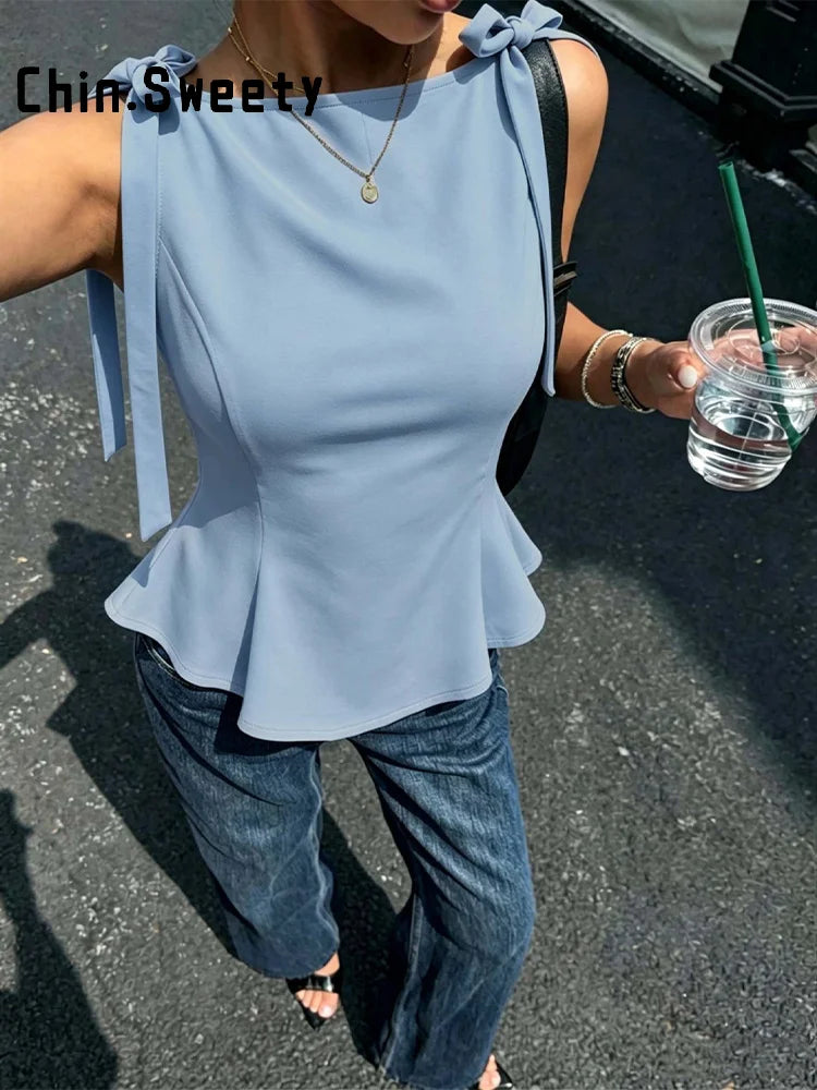 Lace Up Bow Detail Round Neck Sleeveless Top For Women