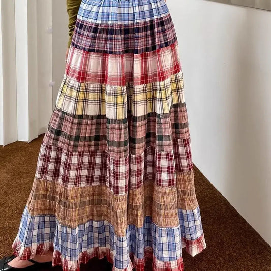 High Waist Plaid Patchwork A- Line Midi Skirt Women's Spring 2025 New Design Retro Unique Long Umbrella Skirt Polyester Fiber