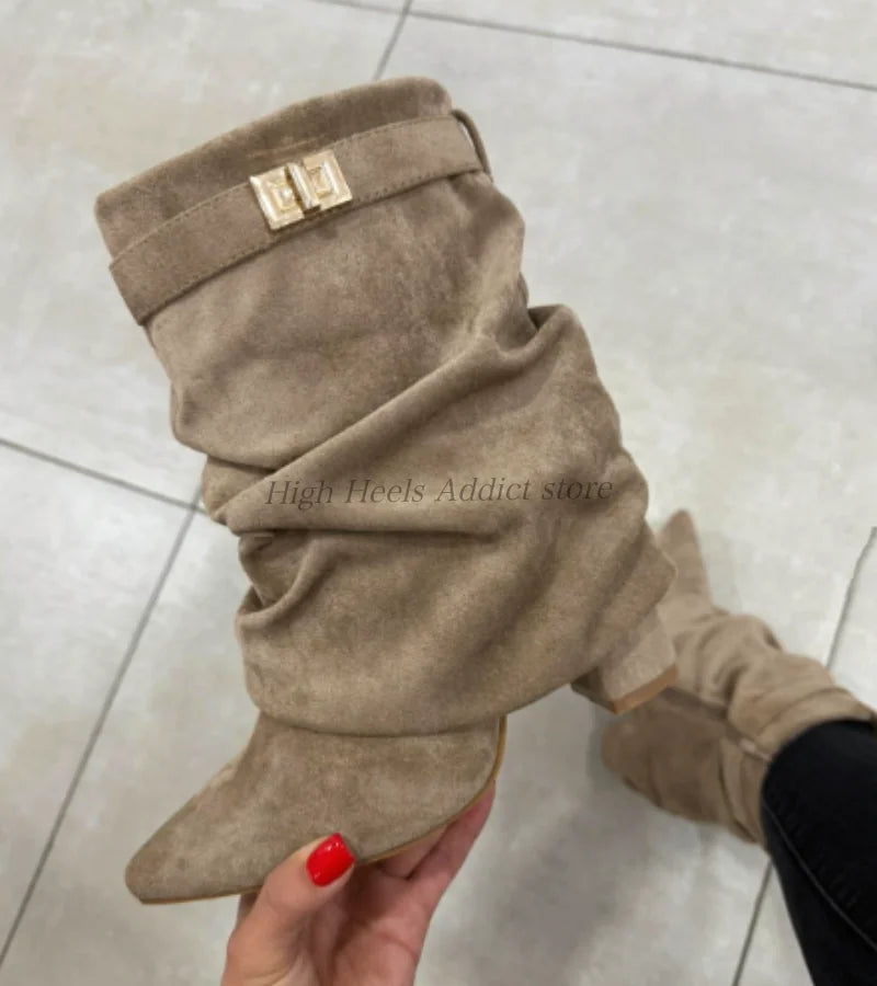 Suede Pointed Toe Metal Buckle Chunky Heel Mid Calf Boots For Women
