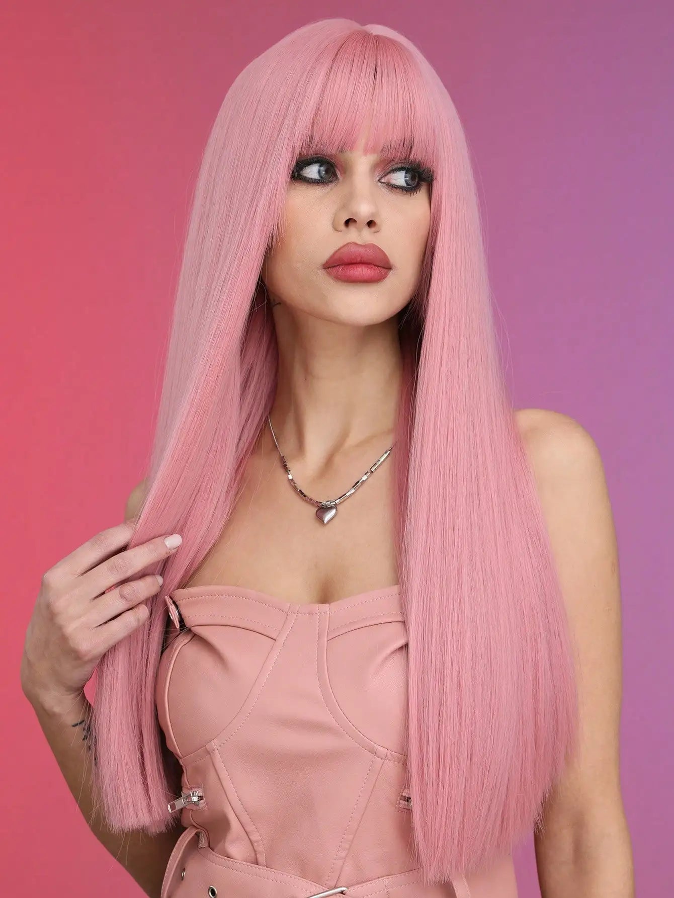 Long Straight Pink Heat Resistant Synthetic Wig With Bangs For Women