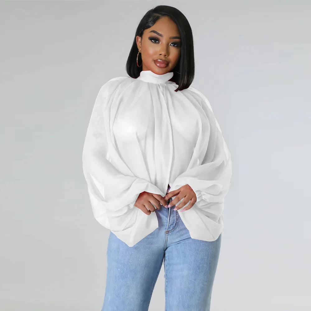 Sheer Lantern Sleeve Blouse with Tie Back for Women