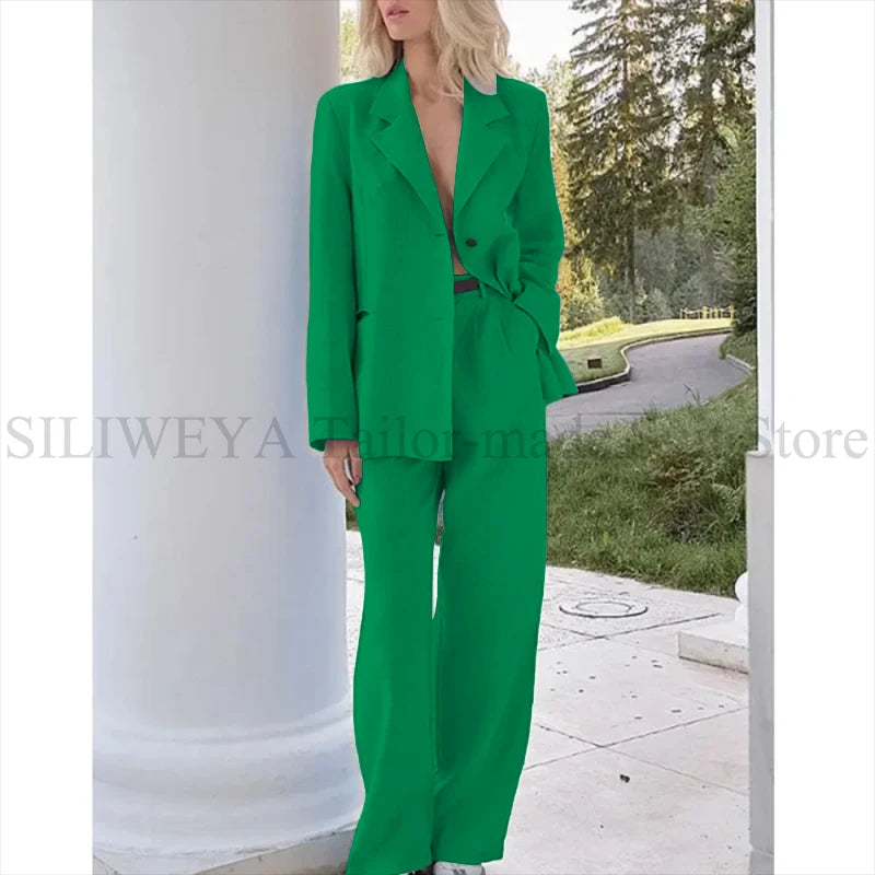 Single Breasted Light Blue Two Piece Blazer Set For Women