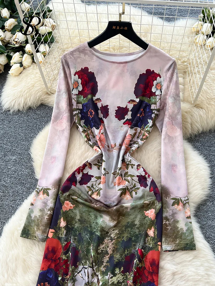 Vintage Floral Print Long Sleeve Maxi Dress for Women