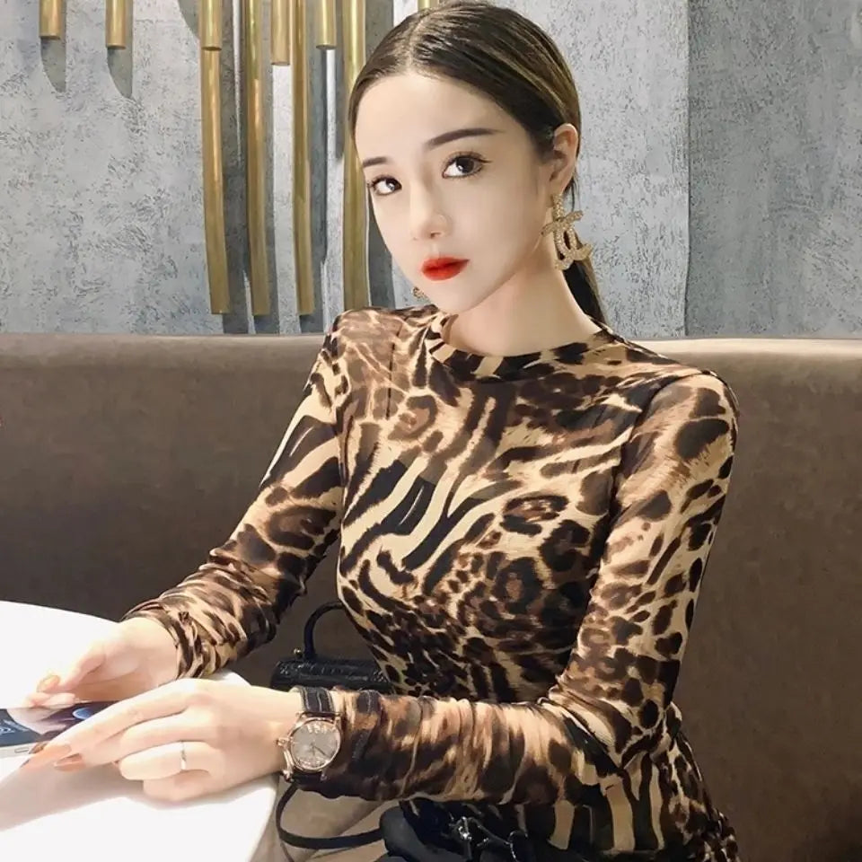 Top Female Mesh Leopard Print Women's Long Sleeve T-shirt Mature Spring Autumn Sexy Korean Reviews Many Clothes Japanese Vintage