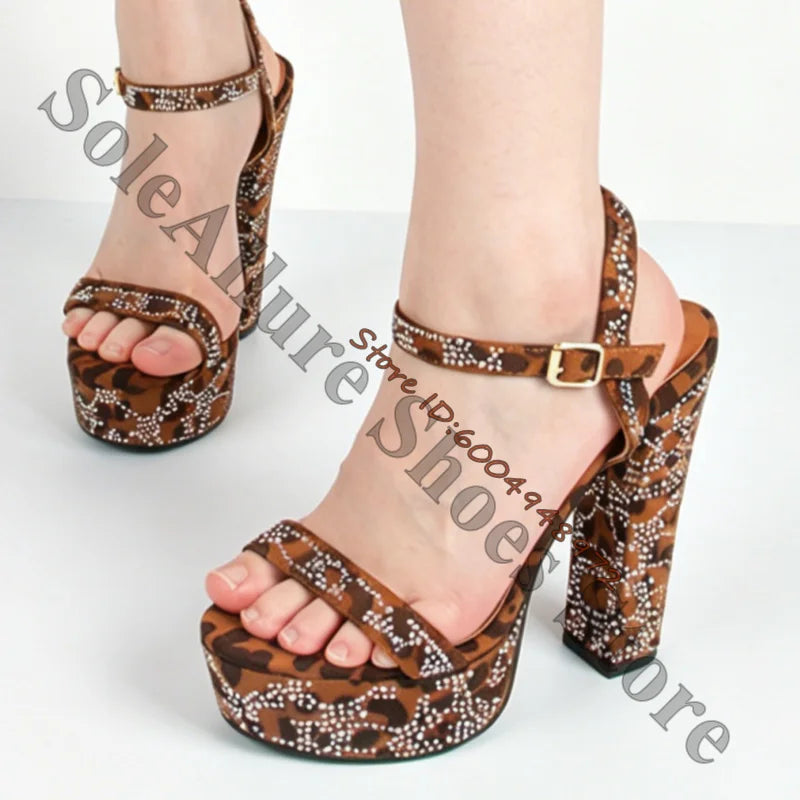 Elegant Leopard Print Rhinestone Block Heel Sandals for Women
