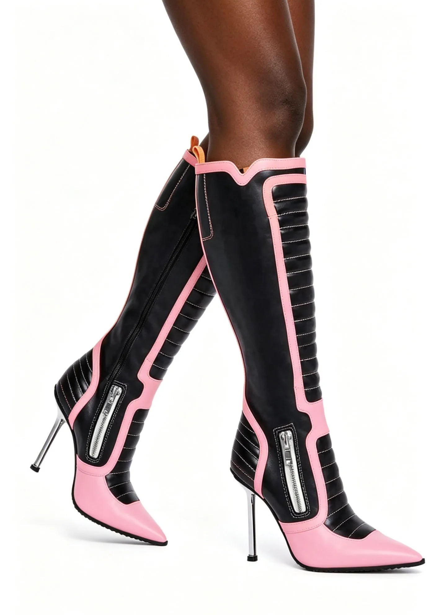 Women Black Pink Patchwork Knee High Boots Pointed Toe Stiletto Heel Zipper Up Fashion Moto Boots Party Clubwear Prom Shoes 44