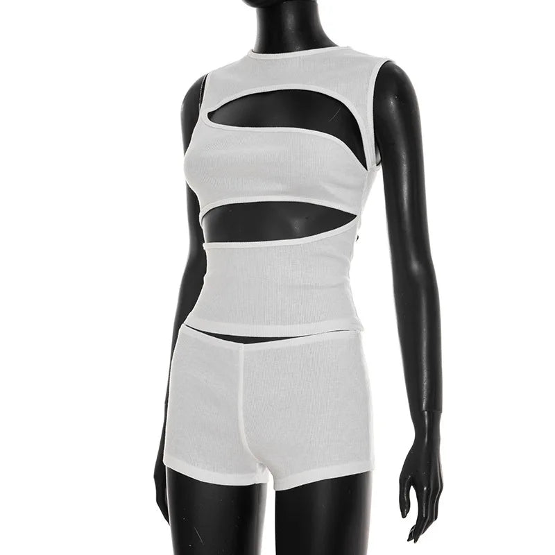 Hollow-Out Patchwork Crop Top and Shorts Set for Women