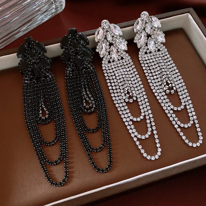 Long Rhinestone Leaf Tassel Drop Earrings for Women