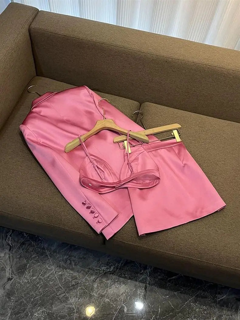 Elegant Pink Long Sleeve Blazer And Short Skirt Set For Women