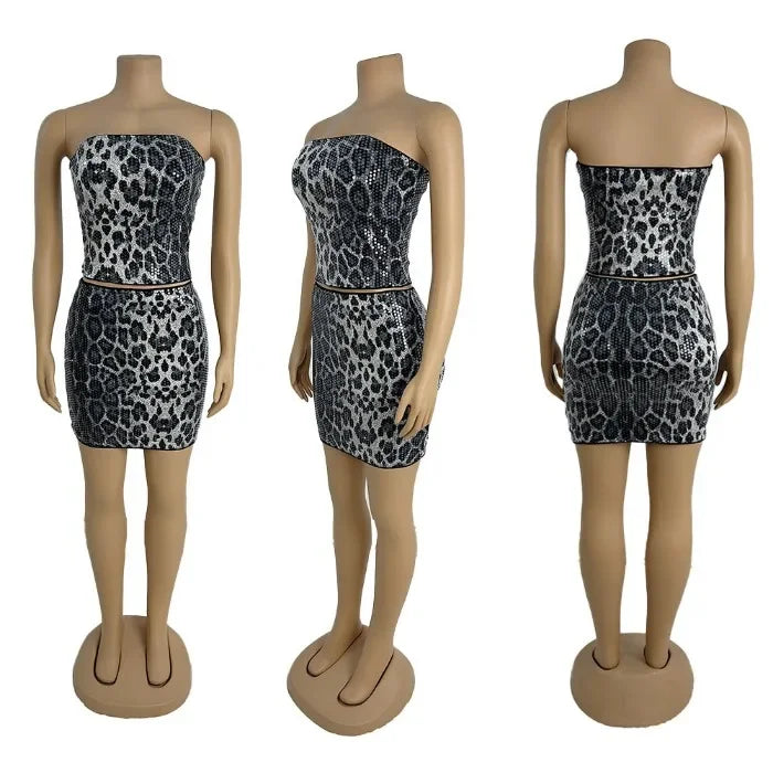 Short Dresses Woman Summer 2025 New Streetwear Fashionable and Versatile Shiny Sequin Half Skirt Leopard Print Dress Female