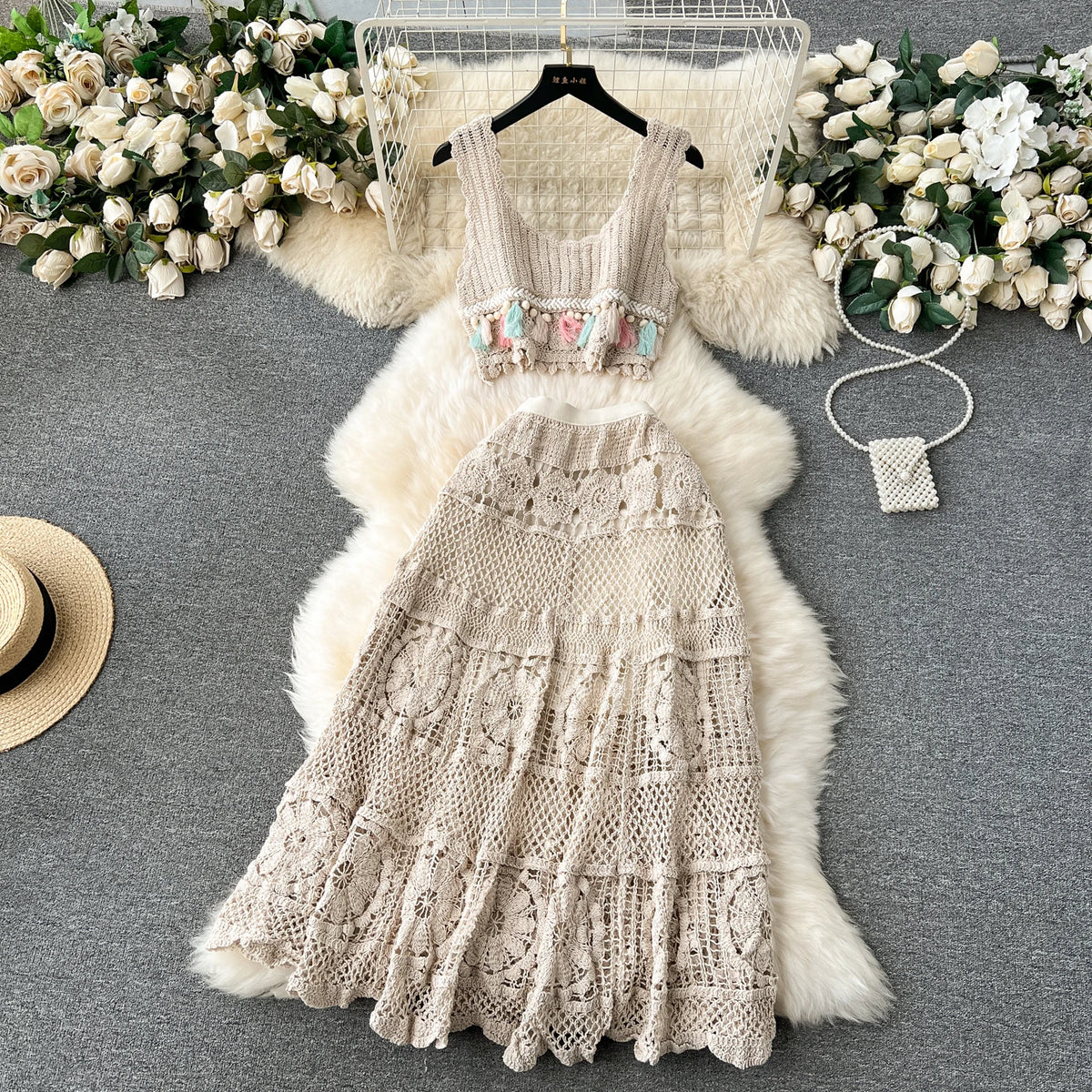 Bohemian Knit Tassel Crop Top and Skirt Set for Women