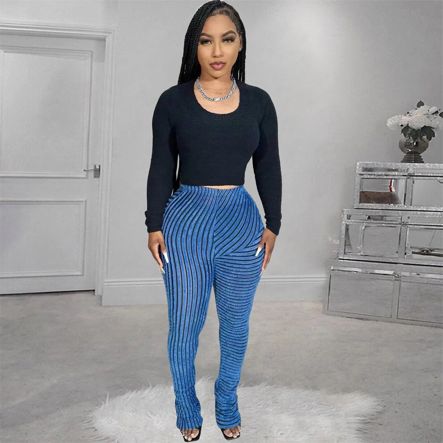 FAGADOER Stripe Plush Stacked Pants Women Casual Solid Color Fur Patchwork Flare Trousers Y2K Female Streetwear Bottoms 2025 New