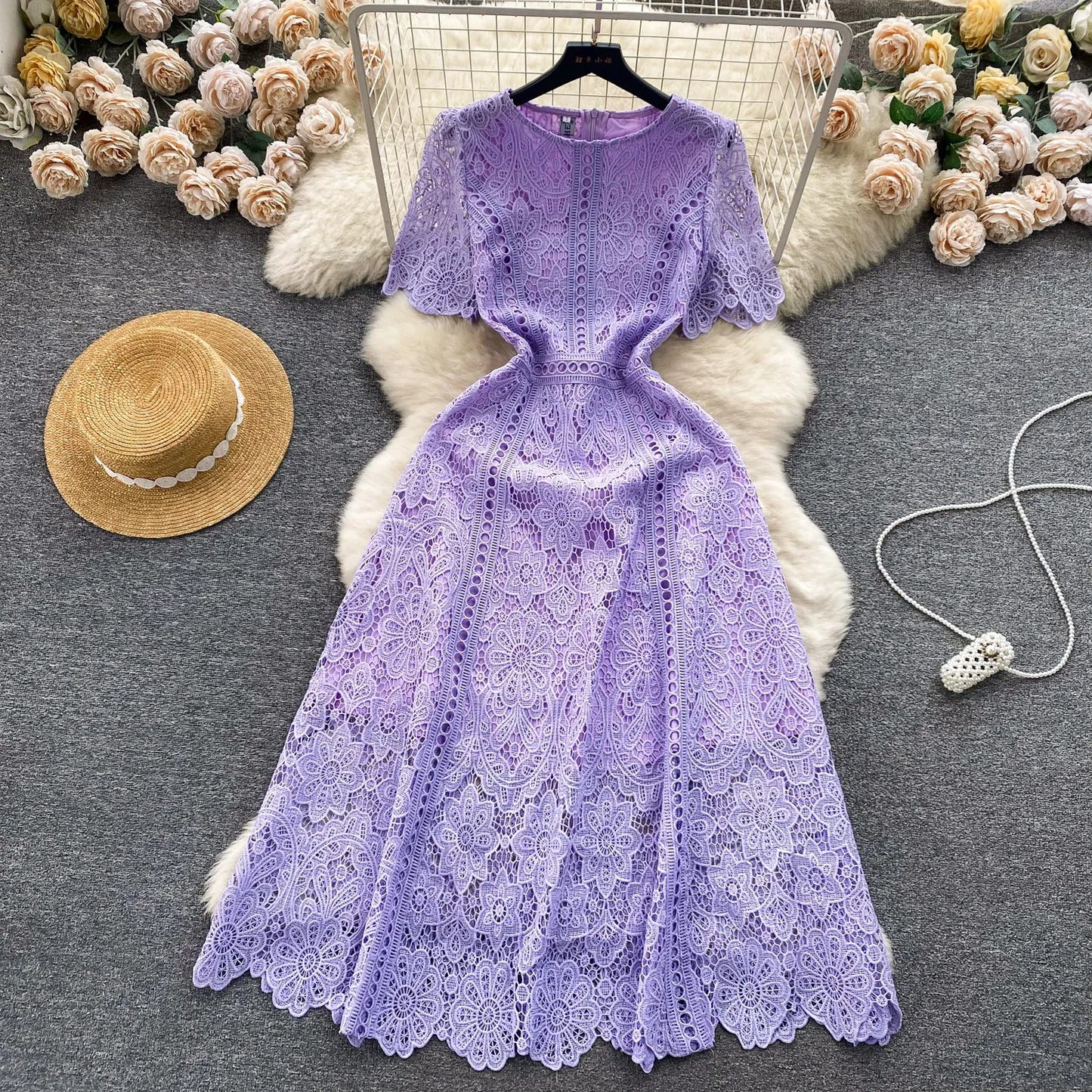 Korean Version Retro High-end Round Neck Lotus Leaf Sleeve Lace Dress for Women's 2026 Summer New Temperament Elegant Long Dress
