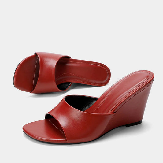 Red Leather Square Toe Slides