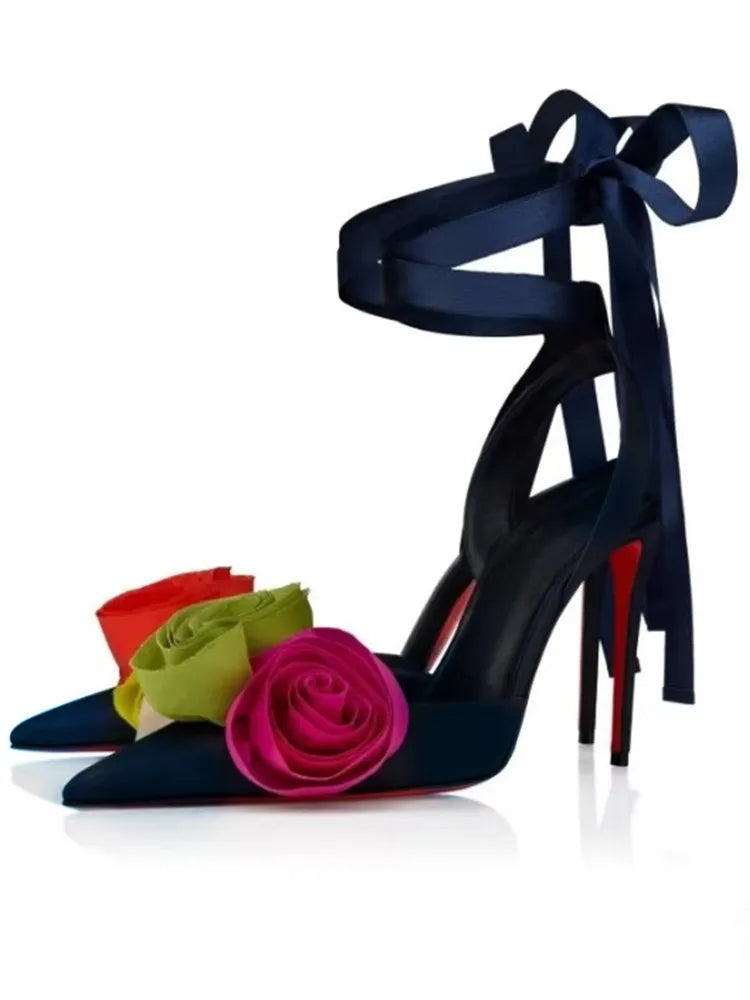 Rose Flower Pointed Toe High Heel Sandals for Women
