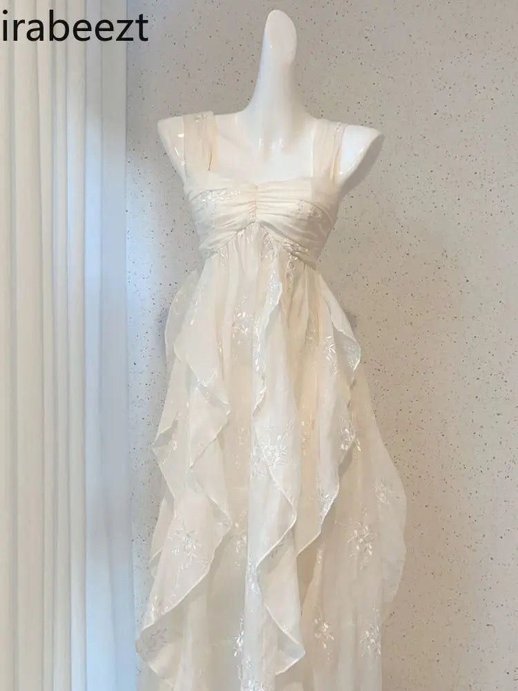 White Lace Vintage Floral Ruffle Sundress For Women