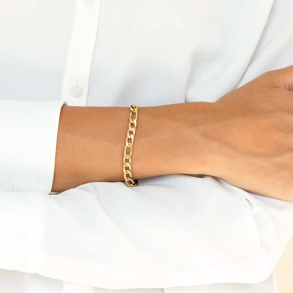 Gold Tone Stainless Steel Figaro Chain Bracelet for Women