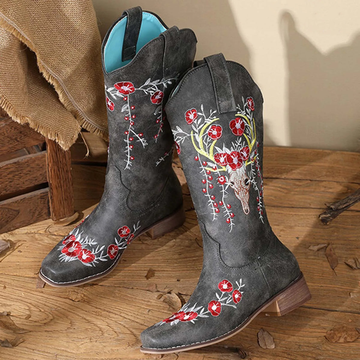 Floral Embroidered Mid-Calf Western Boots for Women