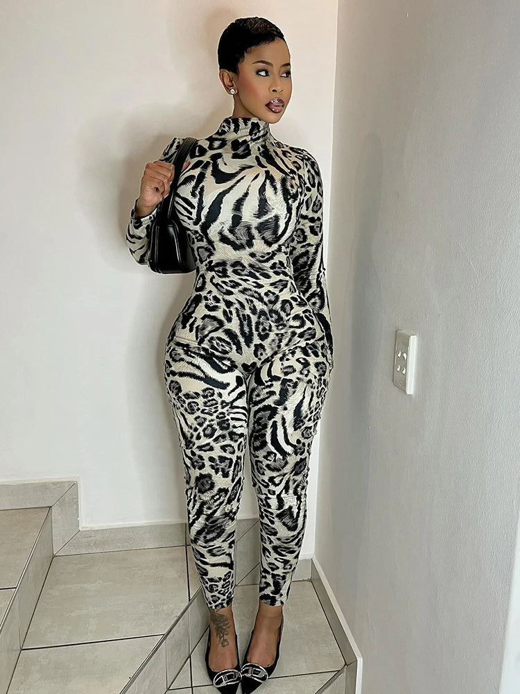 Leopard Print Turtleneck Slim Fit Jumpsuit for Women