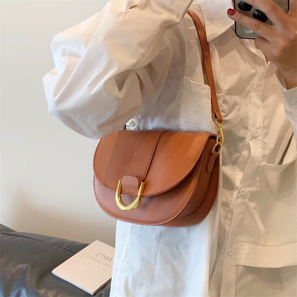Solid Color Leather With Golden Hardware Saddle Shoulder Bag for Women